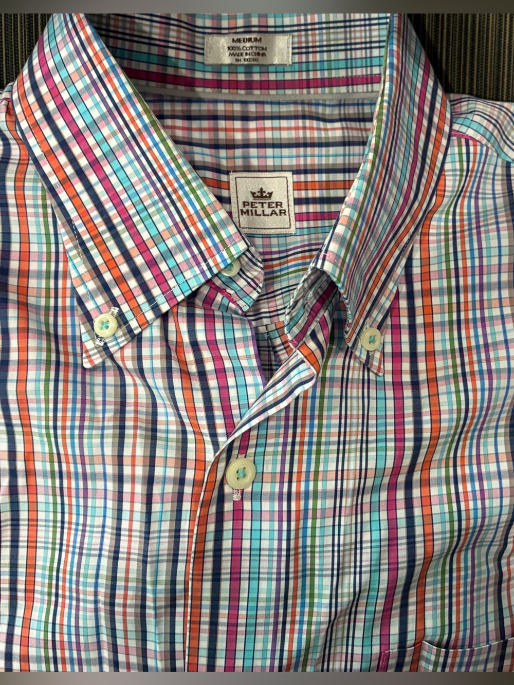 Peter Millar Plaid Button-Down Shirt Blue, Pink, Orange, Green M dress casual